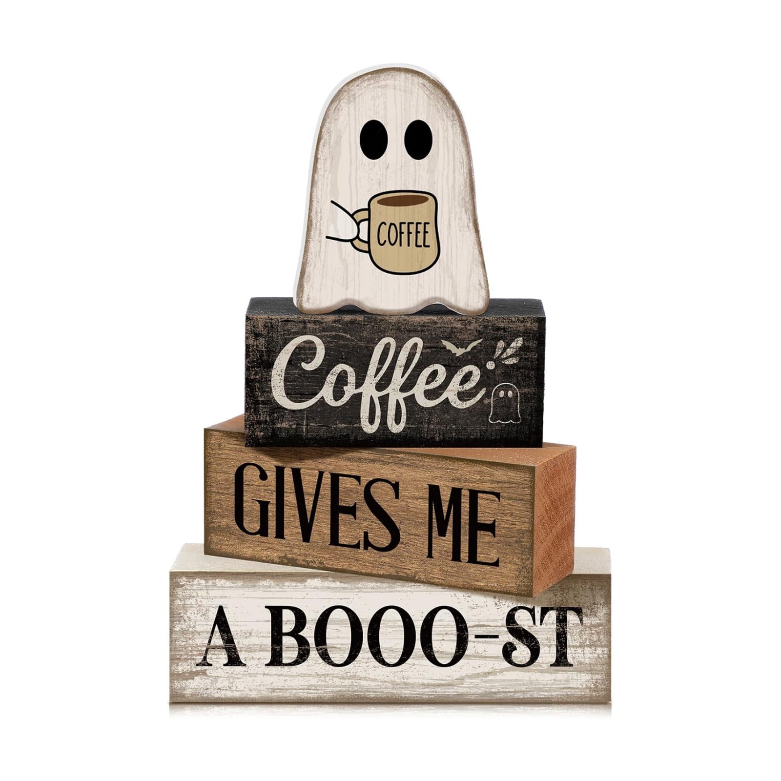 Lineshading 4 Pcs Halloween Tiered Tray Decor, Wooden Ghost Coffee Blocks