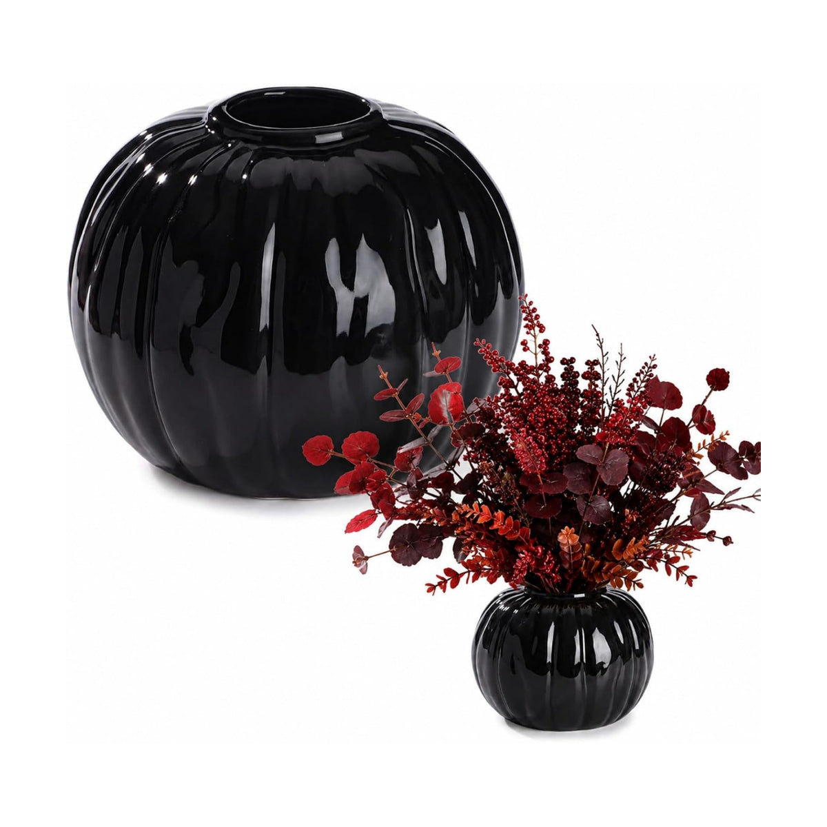 FoldTier Black Pumpkin Fall Flower Vase 5.5" Ceramic Pumpkin Flower Pot