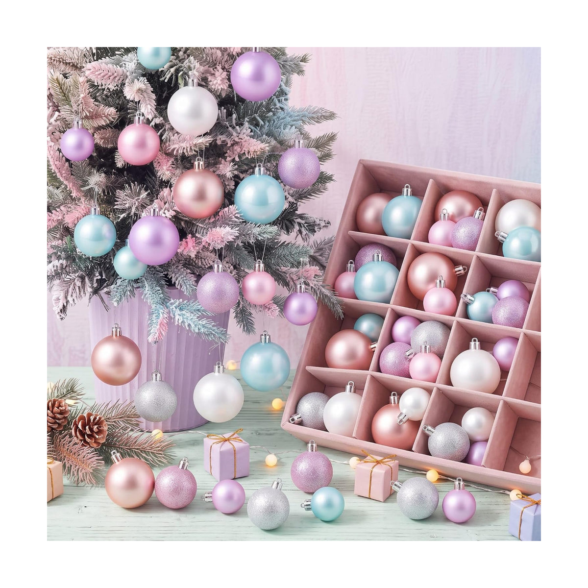 Lunmon 64 Pcs Pastel Christmas Ball Ornaments Candy Macaron Tree Decoration