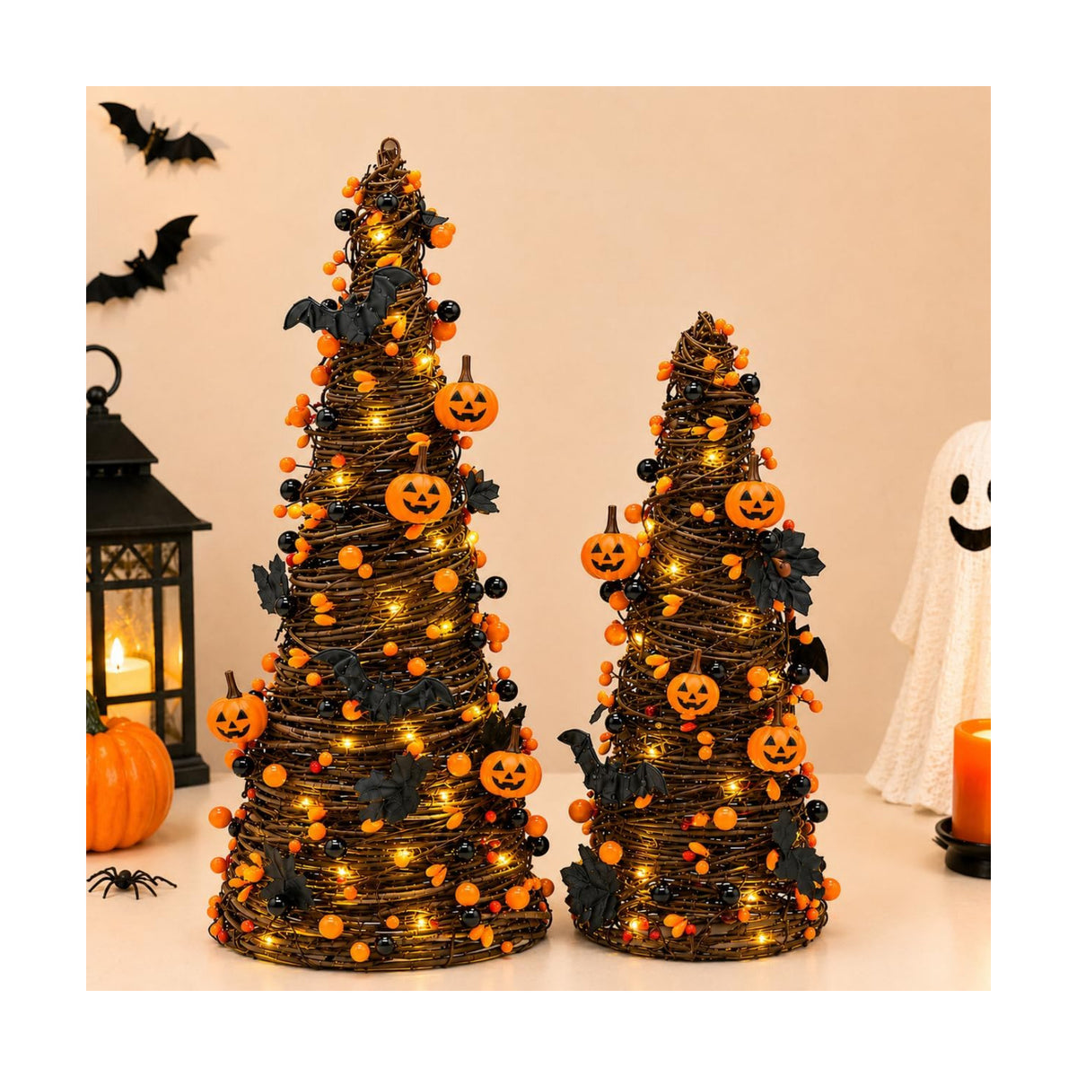 2Pack Lighted Halloween Tabletop Trees with Timer, Pumpkin Bat Decor