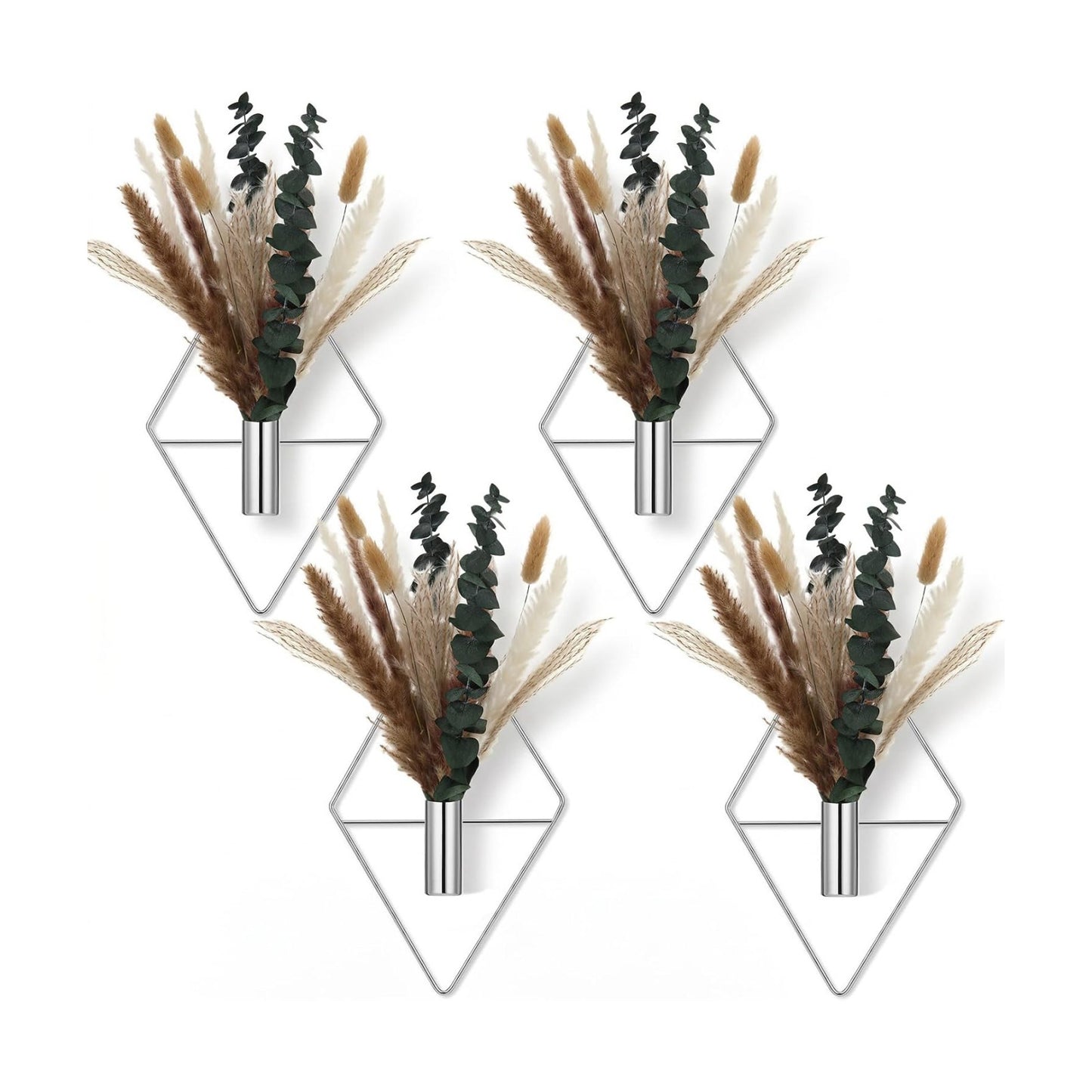 Jexine 4 Pcs Hanging Artificial Planters Wall Decor, Chrome Silver, Pampas