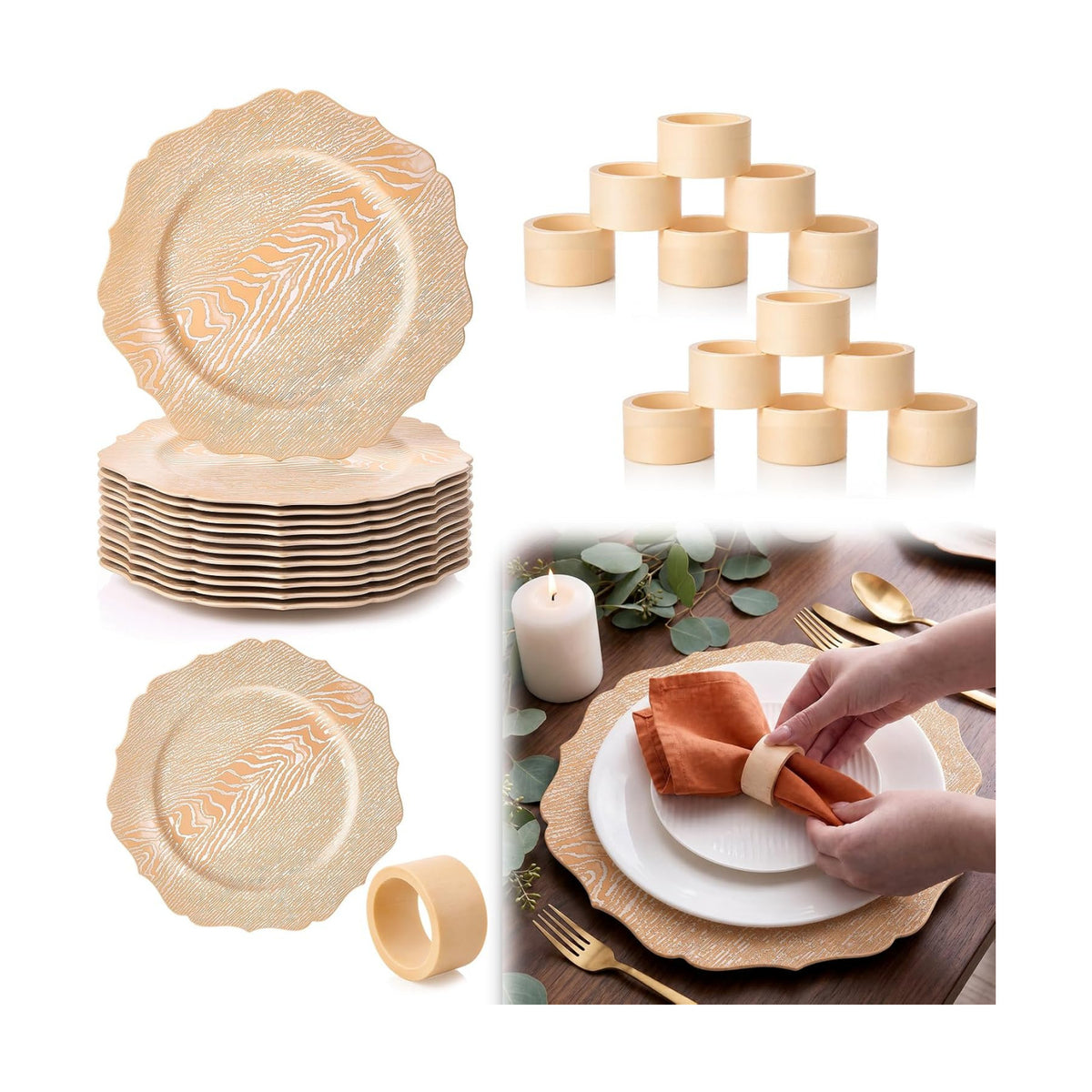 Havawish 12 Set 13" Rustic Wooden Textured Acrylic Charger Plates with Handmade Acacia Wood Napkin Ring, Farmhouse