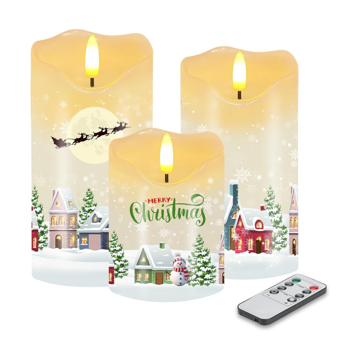 3PC Christmas Flameless Candles, Winter Cabin Candles with Remote & Timer | Flickering Real Wax Pillar Candles Battery
