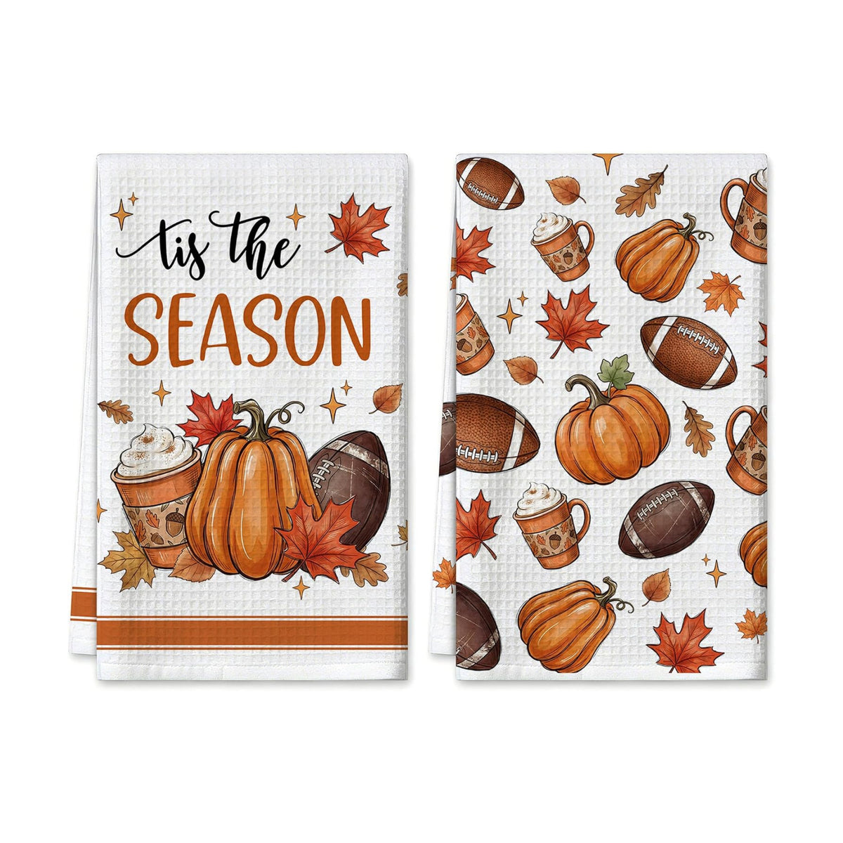 Fall Kitchen Towels - Football and Pumpkins Waffle Kitchen Decor