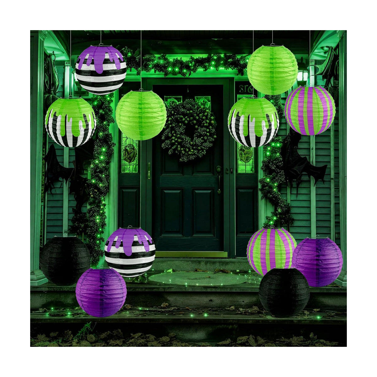 THAWAY 12 Pack 10 inch Halloween Paper Lanterns Black Purple Green Striped