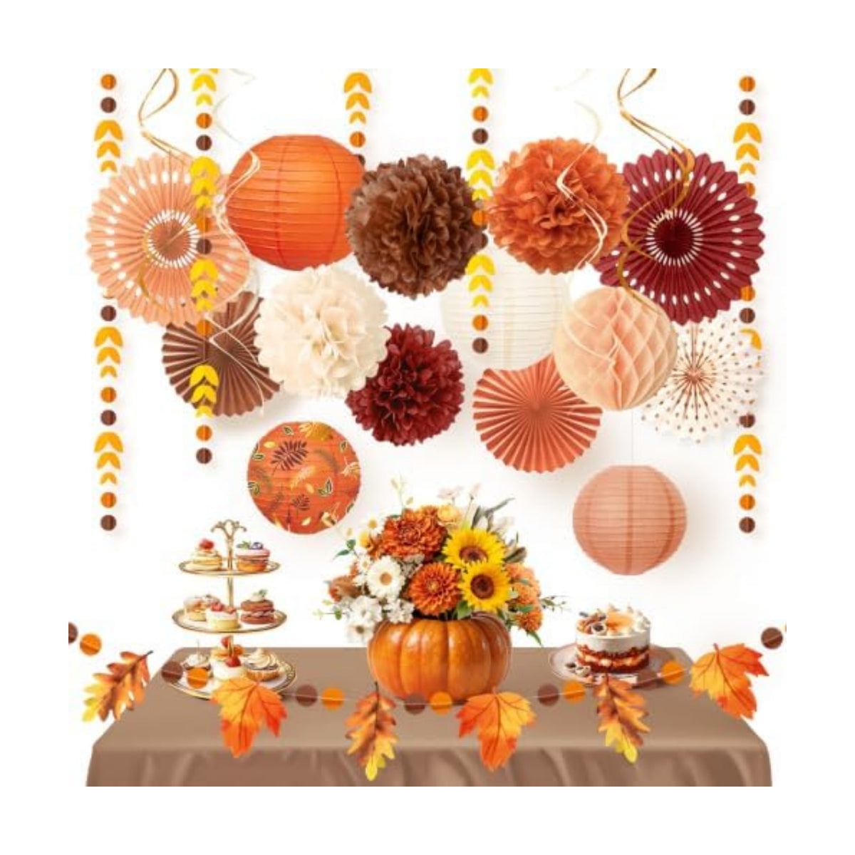 NICROHOME EUR Fall Thanksgiving Decor with Pom Poms Lanterns Fans Garlands
