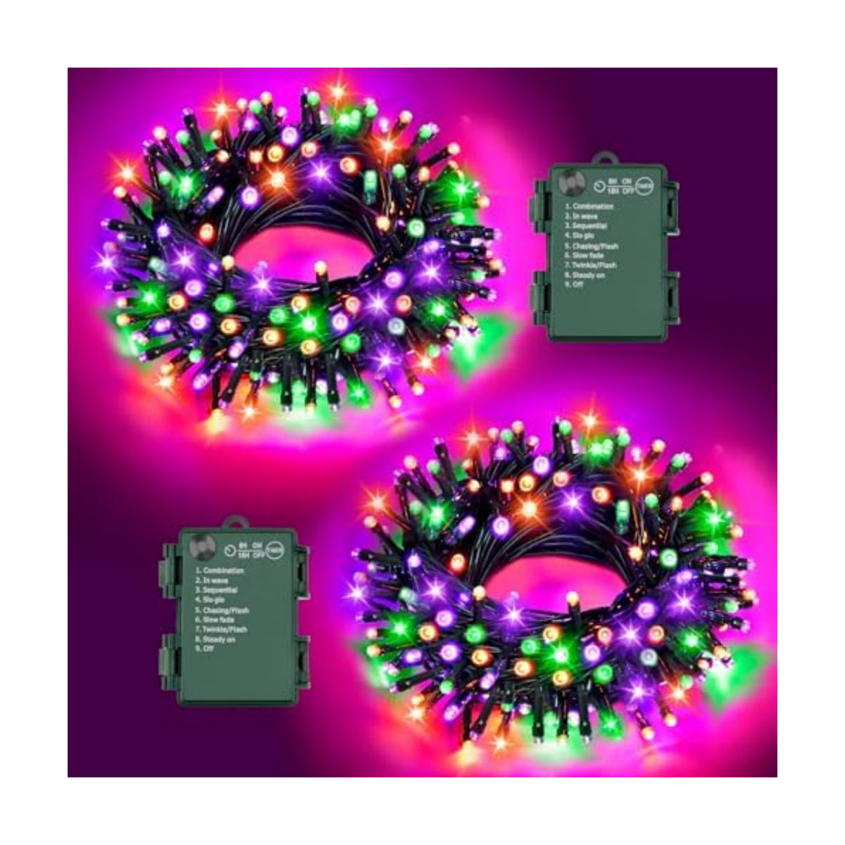 Halloween Lights String Total 100LED Battery Operated Outdoor 8 Modes with Timer 16.4Ft*2, 50LED*2 Waterproof Fairy Lights Indoor for Halloween Decor, Orange&Purple&Green, 2-Pack