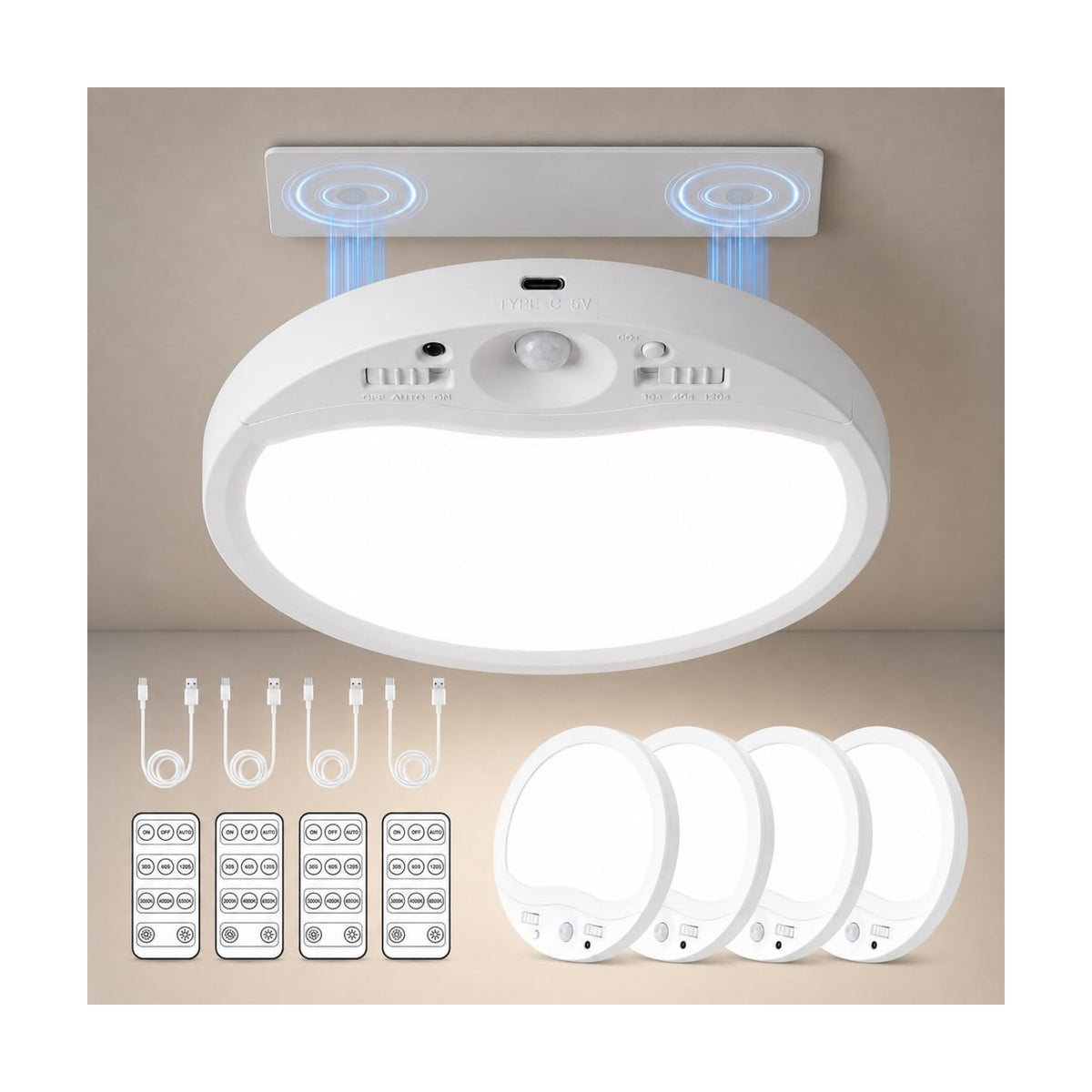 4PK Rechargeable Motion Sensor Ceiling Light With Remote, Magnetic Easy Use | 8000mAh Long Lasting Battery Operated