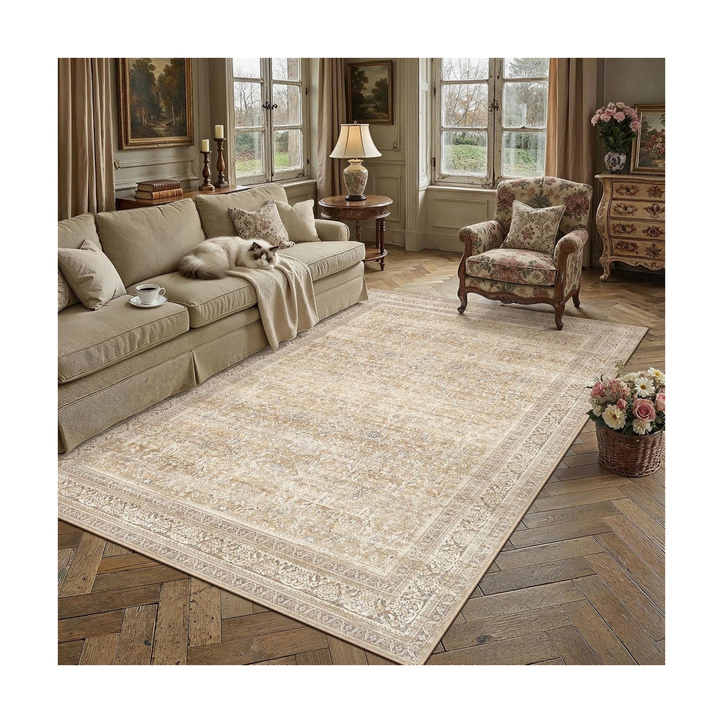 6x9 Beige Neutral Retro Area Rug
