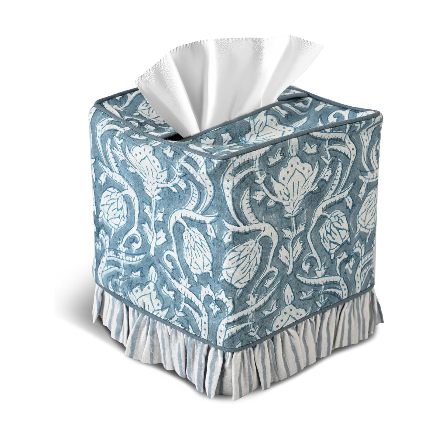 CPC Hand Block Print Cotton Ruffle Tissue Box Cover " Decorative / Azure Regal / 4.5 x 4.5 x 5