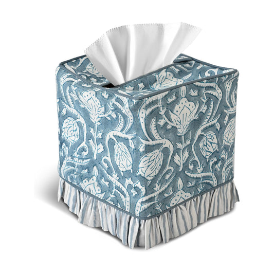 CPC Hand Block Print Cotton Ruffle Tissue Box Cover " Decorative / Azure Regal / 4.5 x 4.5 x 5