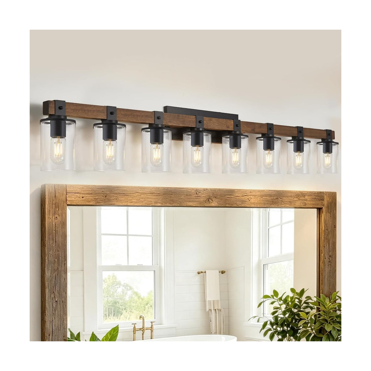 8-Light Farmhouse Vanity Light Fixture, Bathroom Wood Wall Light Over Mirror with Clear Glass Shade, Rustic Vintage