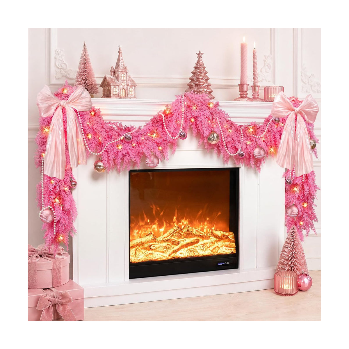 9FT Pink Christmas Garland with Lights Bow Decor Soft Preit Cedar Garland