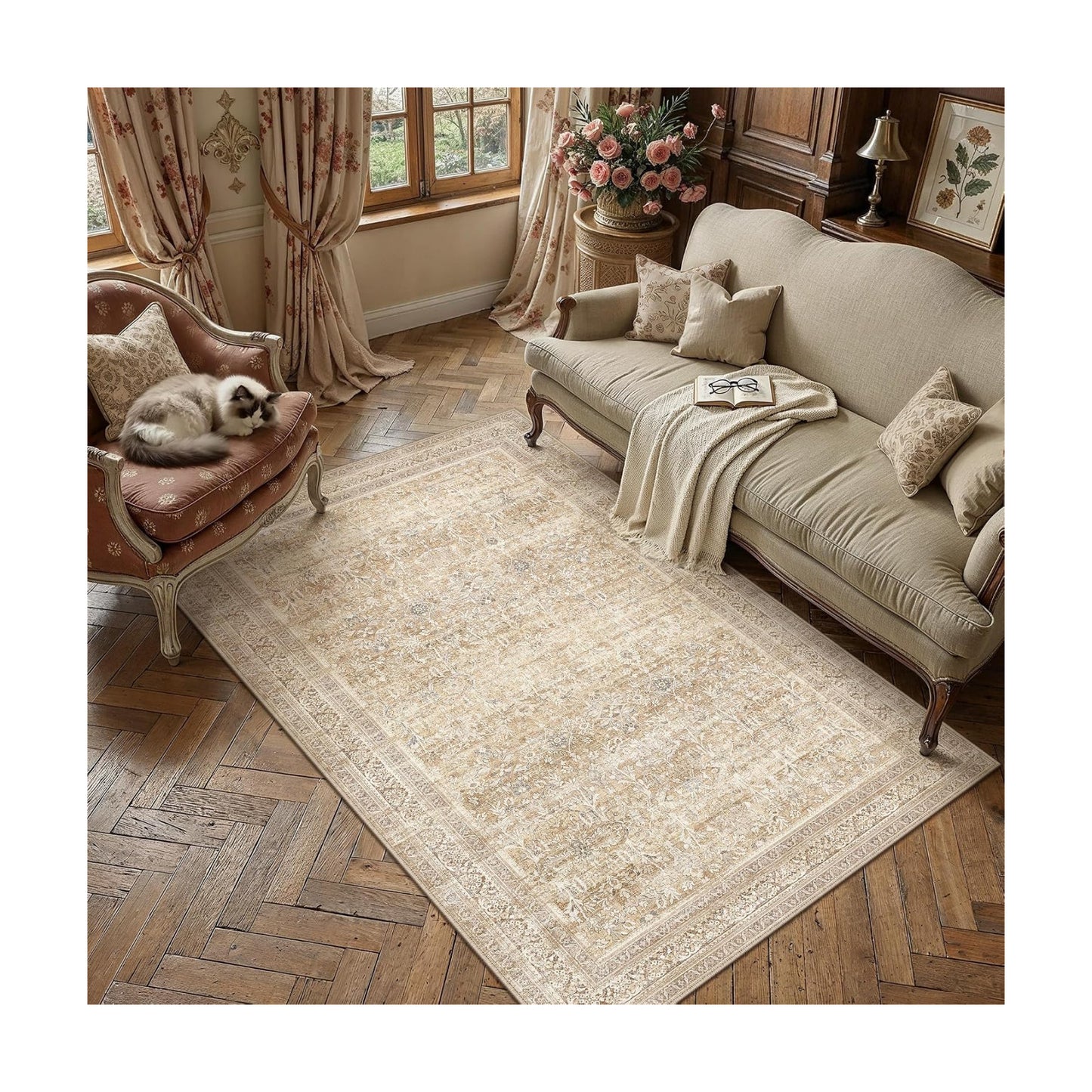 4x6 Beige Neutral Retro Area Rug
