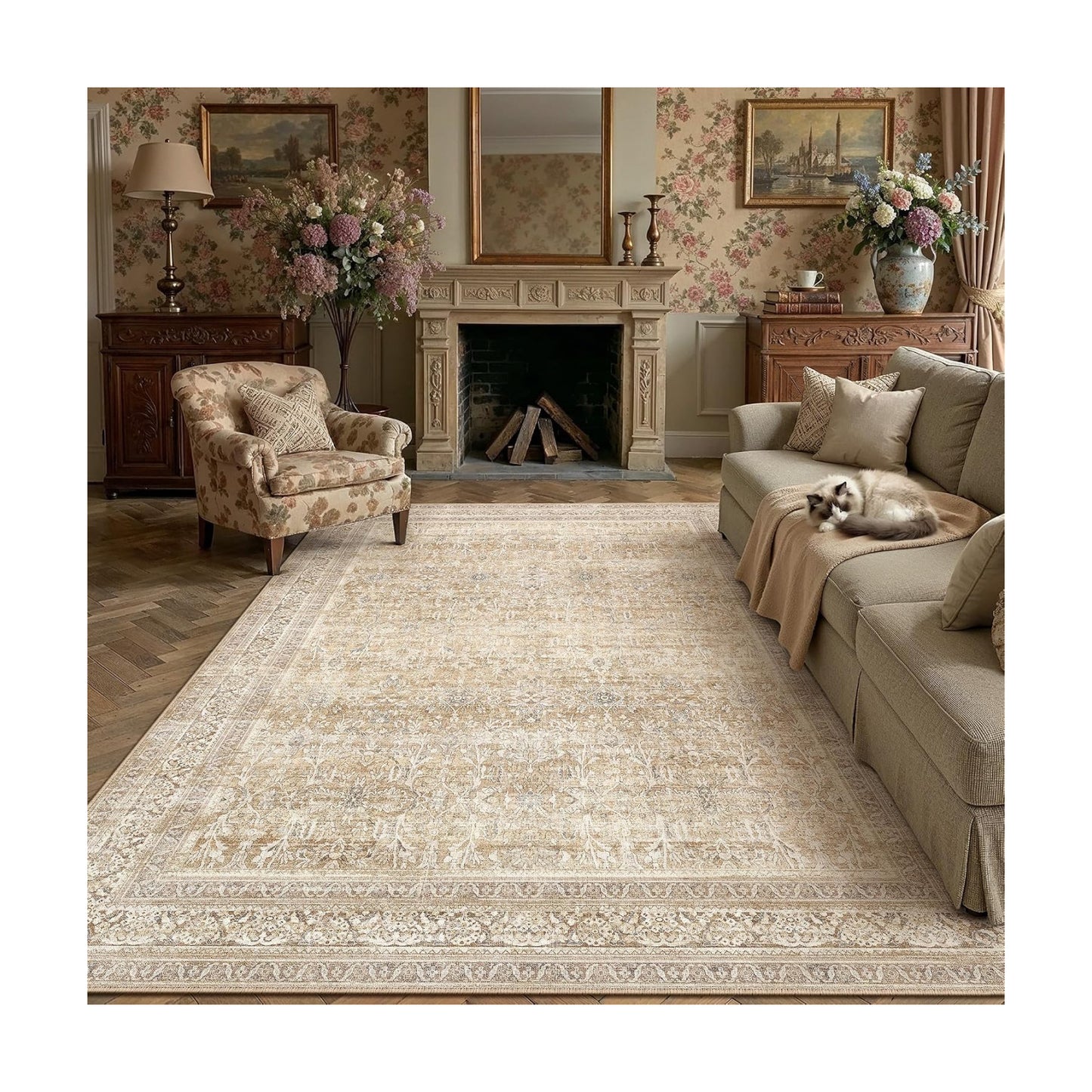 9x12 Beige Neutral Retro Area Rug