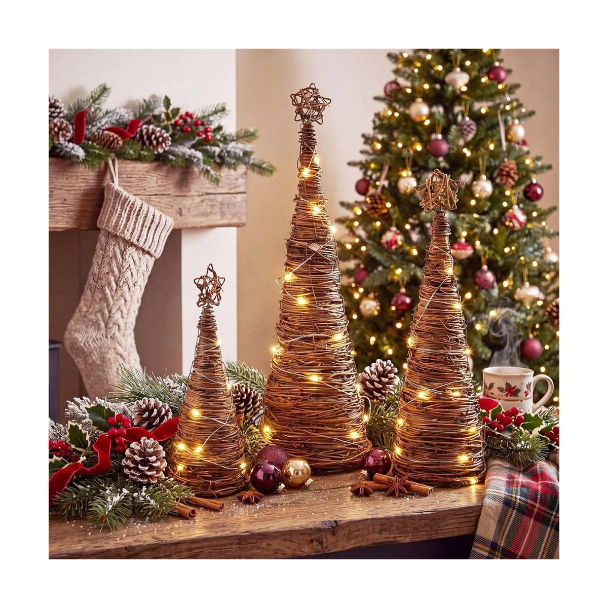 Rattan Woven Christmas Cone Tree Lighted Fireplace Mantle Decor