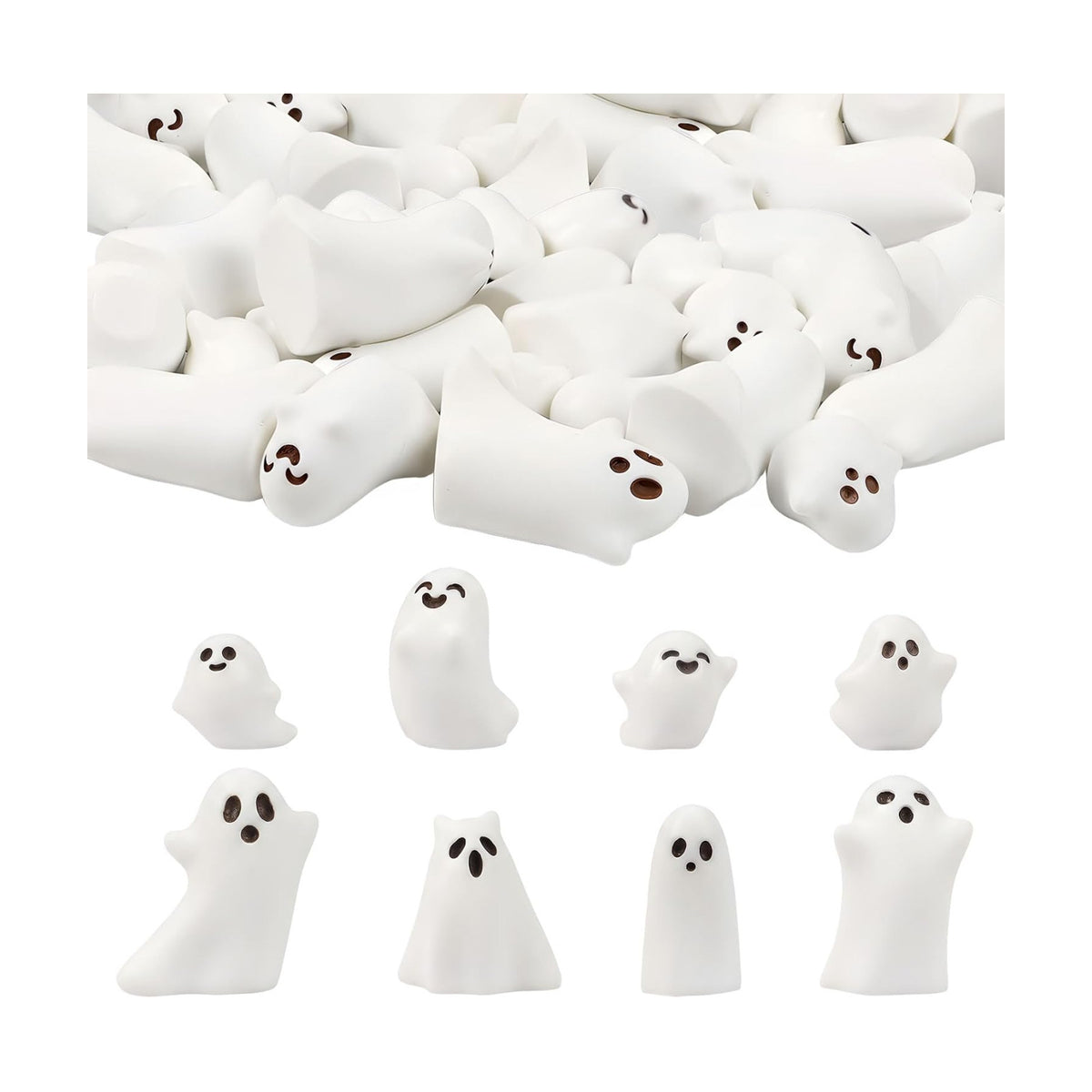 CCINEE 24 Pcs Halloween Mini Resin Ghost Figurines in 8 Styles, Matte Finish Spooky Whimsical Tabletop Decor for Halloween Party, Tiered Tray, Bowl Filler, and Seasonal Home Decoration
