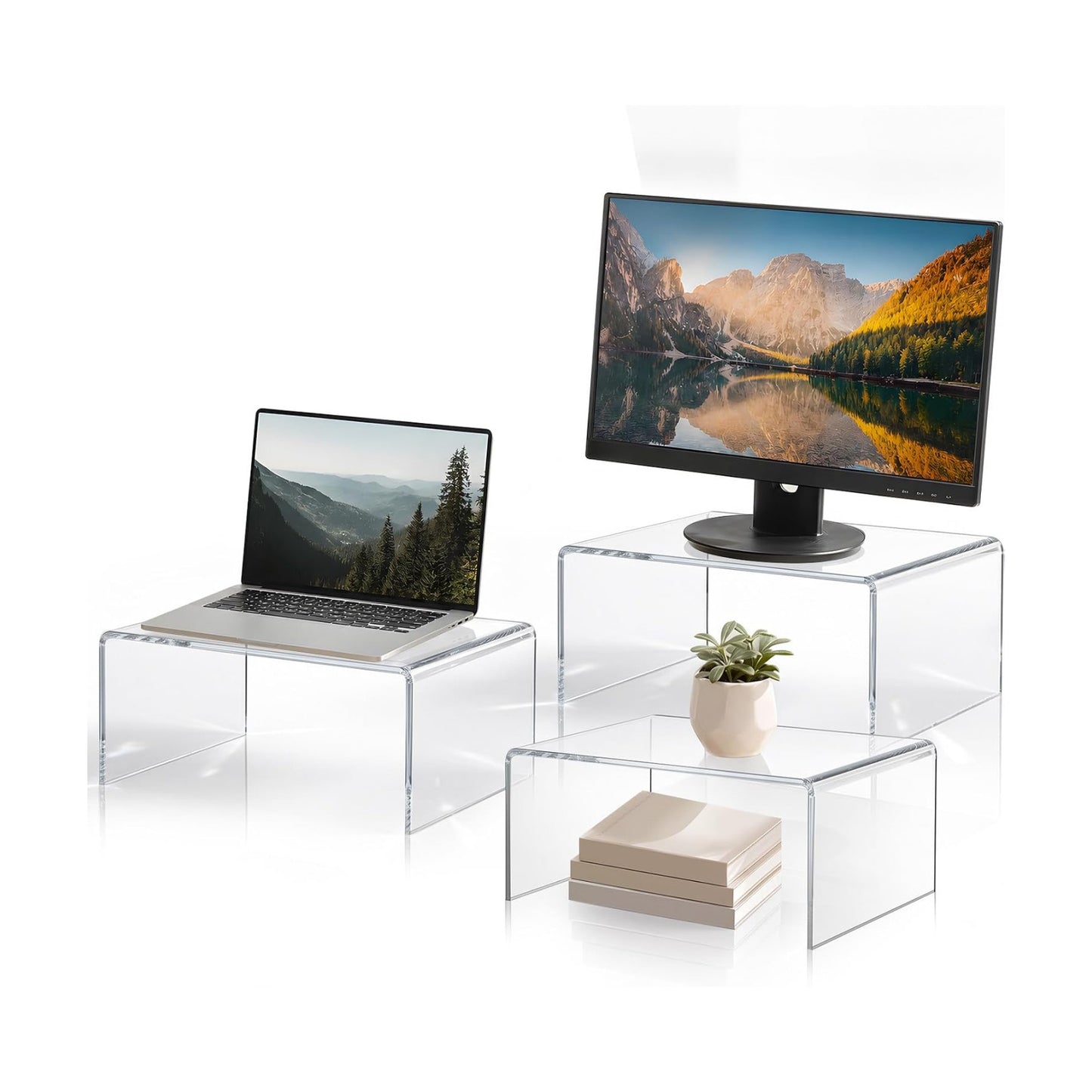 RattanView 3 Pcs Extra Large 17, 16, 15 Inch Clear Acrylic Display Risers | 8 mm Thick Rectangular Acrylic Shelf Riser