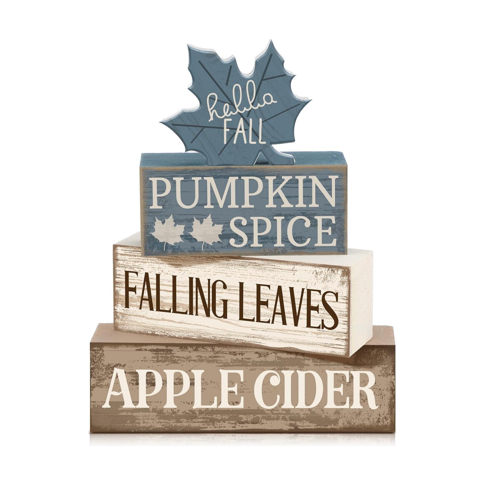 Moucuny 4 Pcs Fall Table Decoration Rustic Blue Maple Leaf Wooden Blocks