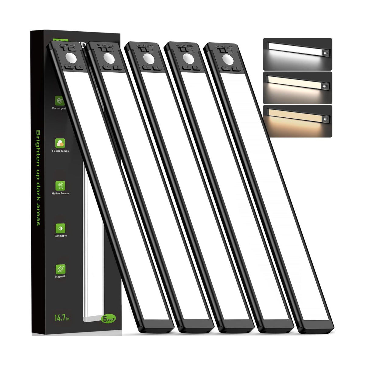 MCGOR 14.7inch Under Cabinet Lighting, Wireless Motion Sensor Light,5 Pack | 3 Color Temps, Rechargeable, 2200mAh