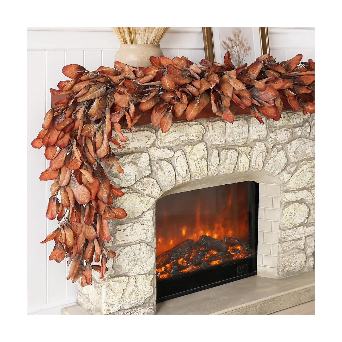 6 FT Artificial Fall Magnolia Leaf Garland for Fireplace Decoration(Orange)