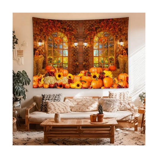 HVEST Forest Fall Tapestry Wall Hanging Autumn Orange Pumpkin and Sunflower Tapestry for Bedroom Woodland Landscape outside Vintage Window Wall Decor for Living Room Dorm Decoration,60L X 80W Inches