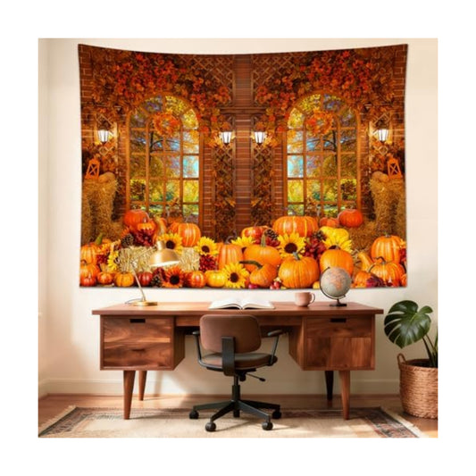 HVEST Forest Fall Tapestry Wall Hanging Autumn Orange Pumpkin and Sunflower Tapestry for Bedroom Woodland Landscape outside Vintage Window Wall Decor for Living Room Dorm Decoration,51L X 59W Inches