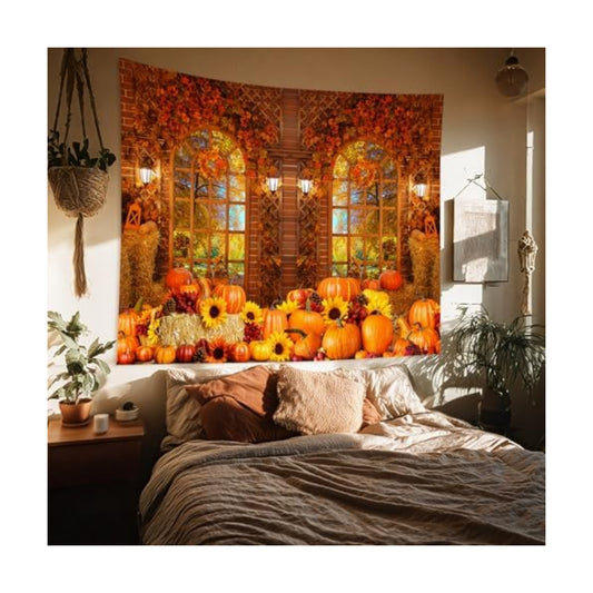HVEST Forest Fall Tapestry Wall Hanging Autumn Orange Pumpkin and Sunflower Tapestry for Bedroom Woodland Landscape outside Vintage Window Wall Decor for Living Room Dorm Decoration,70.9L X 92.5W Inch