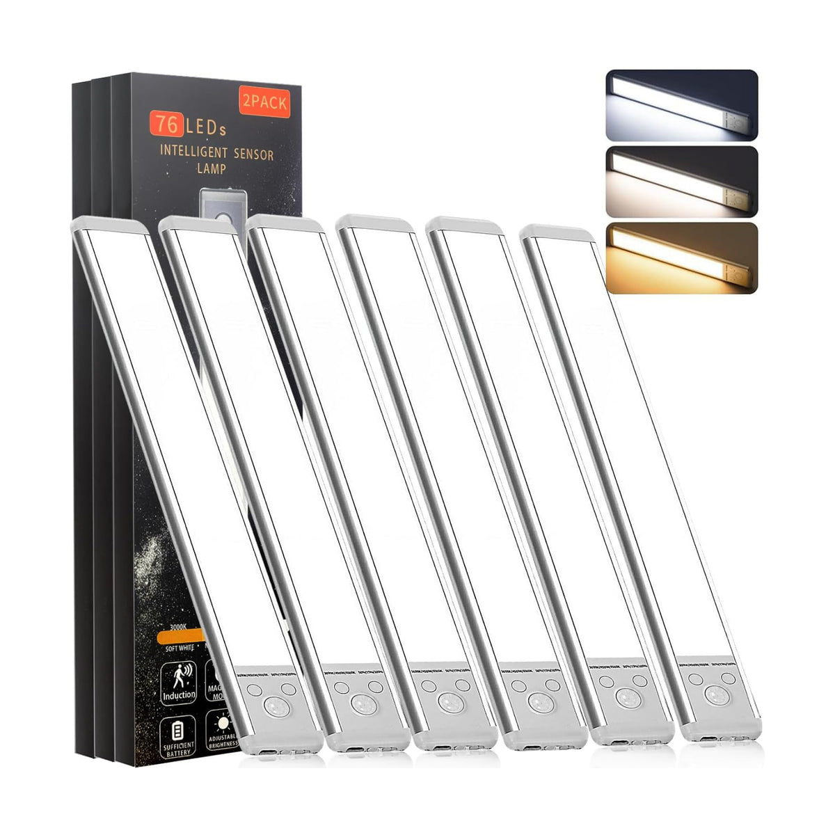 6Pack Under Cabinet Lighting Wireless Rechargeable Sensor Light Indoor with 3 Color Temps & Dimmable Led