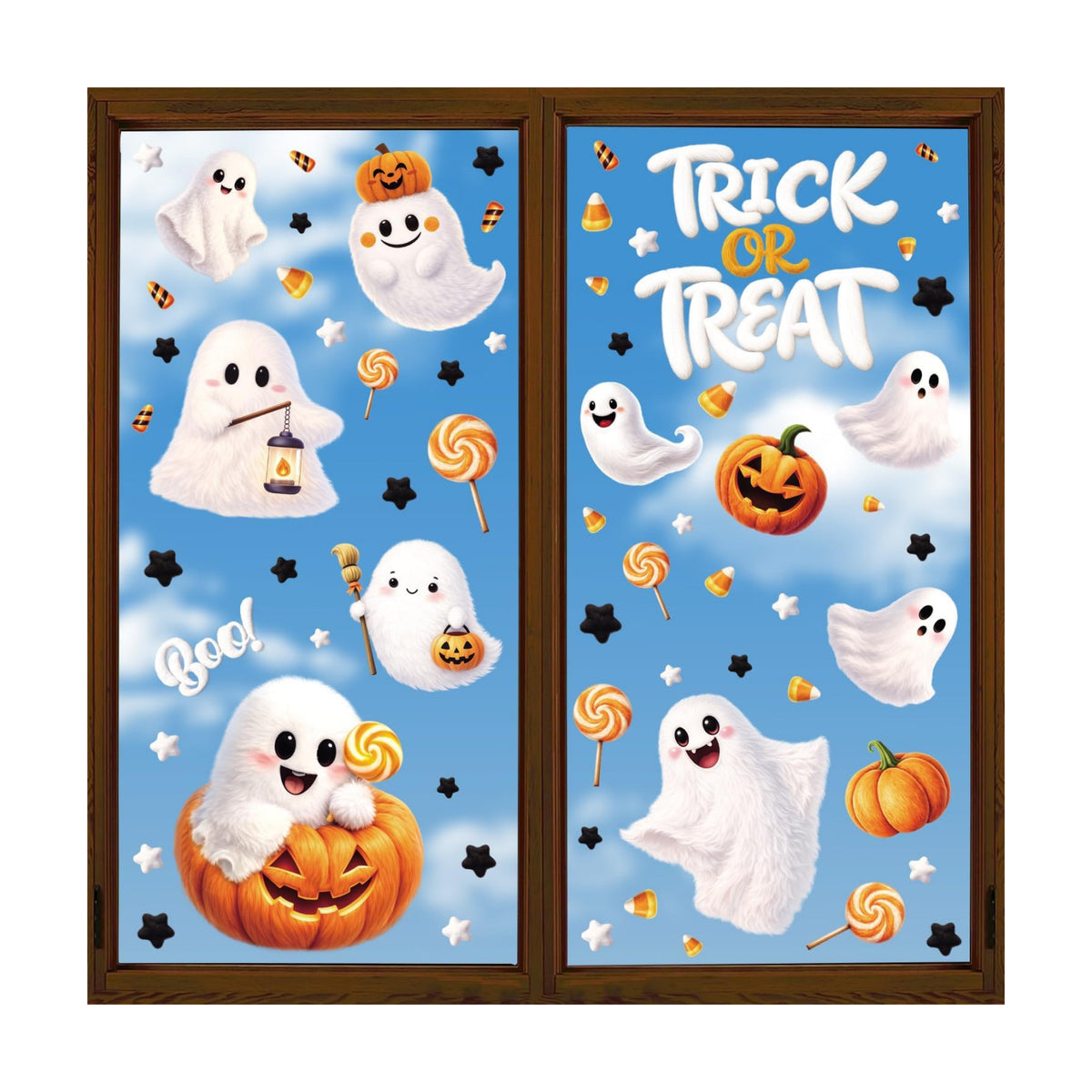 SULOLI 8 Sheet Halloween Window Clings, Plush Ghost Reusable Window Decals