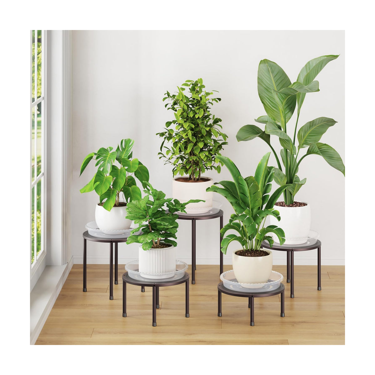 iDavosic.ly 5-Pack Metal Plant Stands with 5 Plant Saucer Tray, 10'' Bronze | Flower Pot Holder, Heavy Duty Iron Stool
