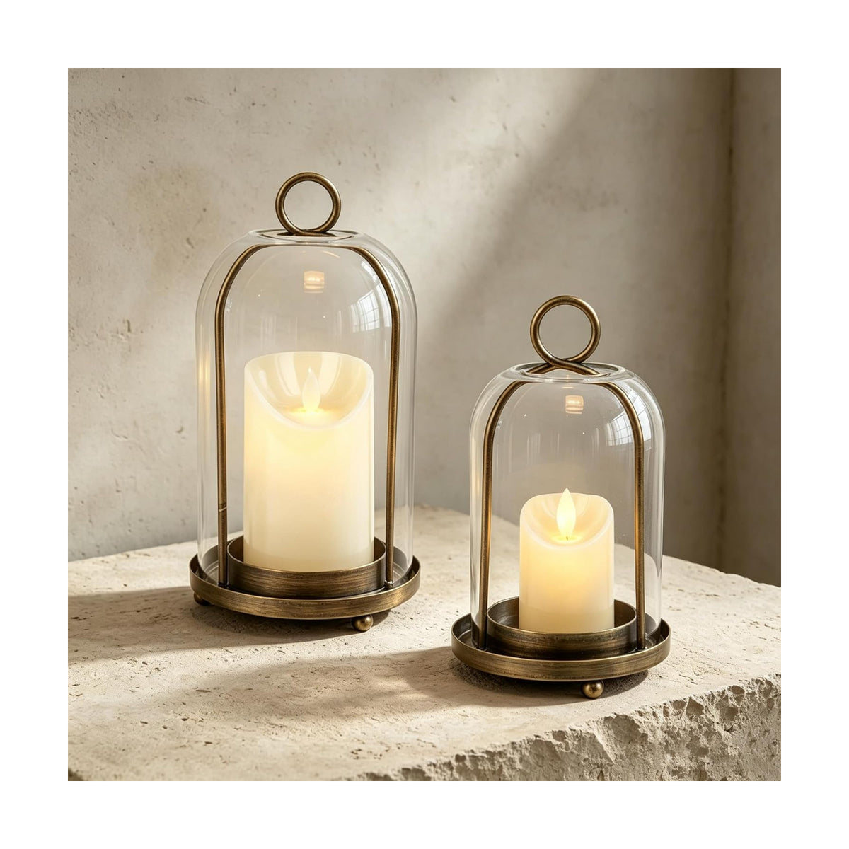 Glass Hurricane Candle Holder Decorative Gold Candle Lantern | Pillar Candlestick Holders Set of 2, Hanging Metal