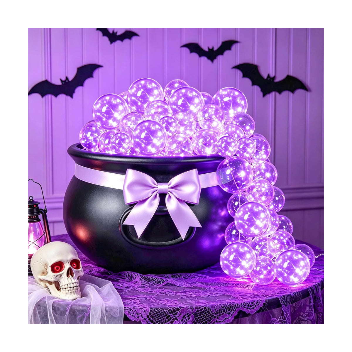 Halloween Witches Cauldron Decorations, DIY Bubbling Large Cauldron Bowl Set with Clear Plastic Balls, Purple String Light and Purple Ribbon for Halloween Hocus Pocus Party Indoor Outdoor Decor