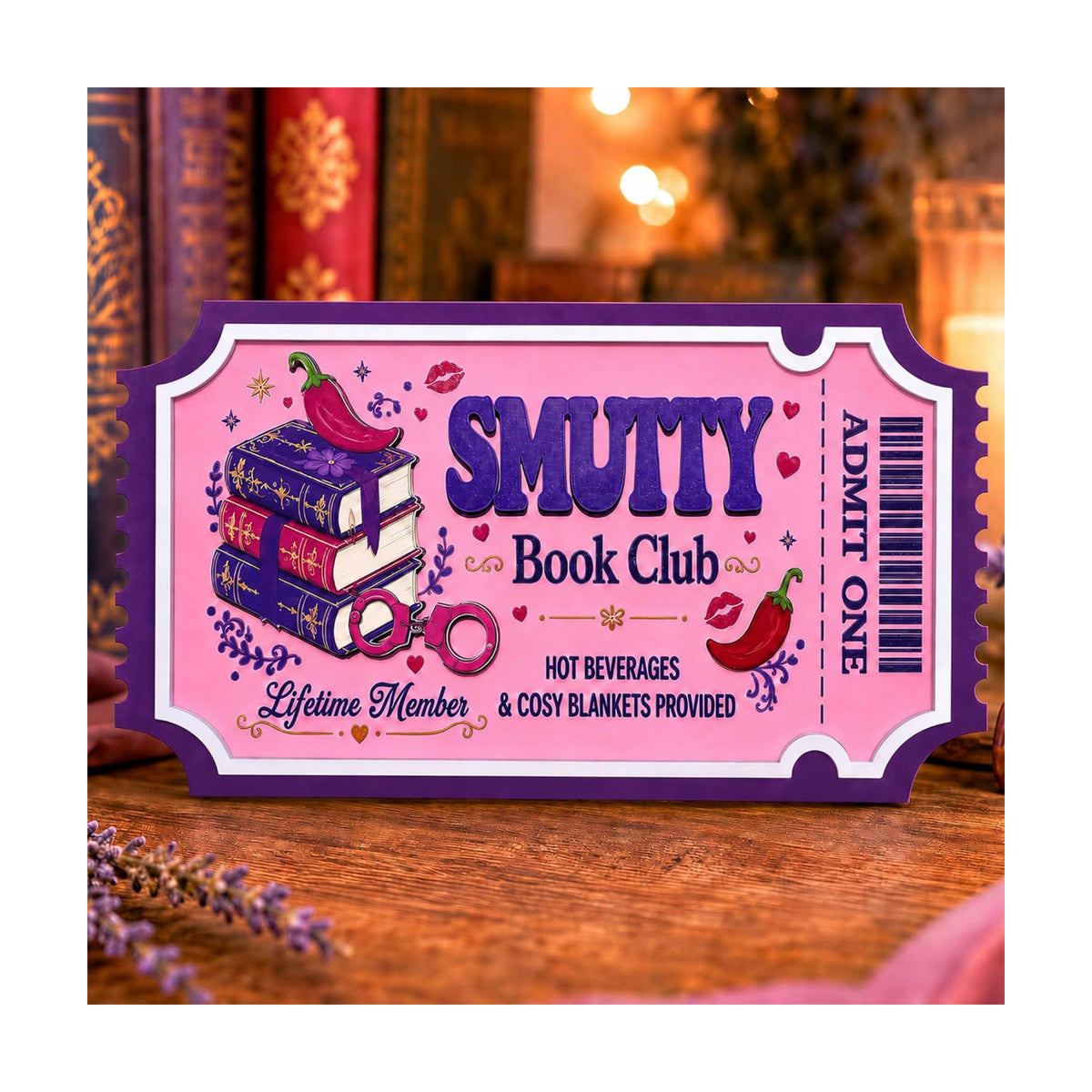 Smutty Book Club Shelf Decor - Lifetime Member Ticket Sign, Spicy Romance Bookish Decor for Book Nook, Smut Reader Gifts for Women Book Lovers