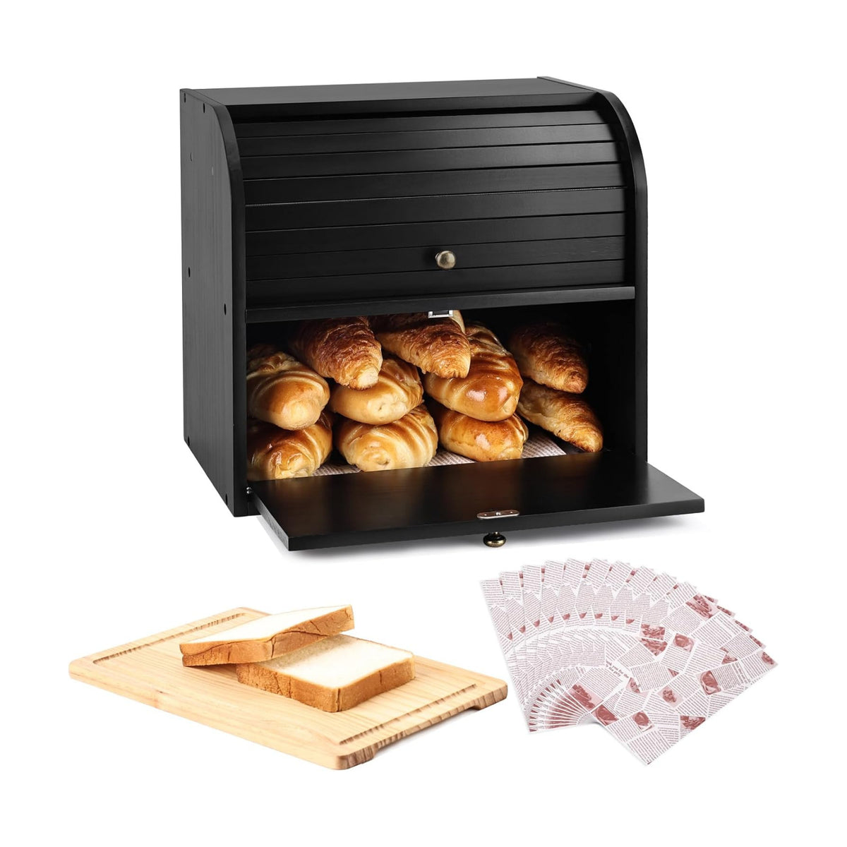 Alpeir Roll Top Bread Box with Cutting Board for Kitchen Countertop, Black | Large Breadbox with Ventilation Holes
