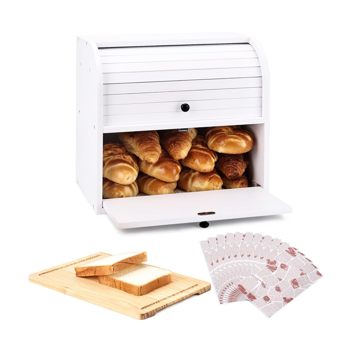 Alpeir Roll Top Bread Box with Cutting Board for Kitchen Countertop, White | Large Breadbox with Ventilation Holes
