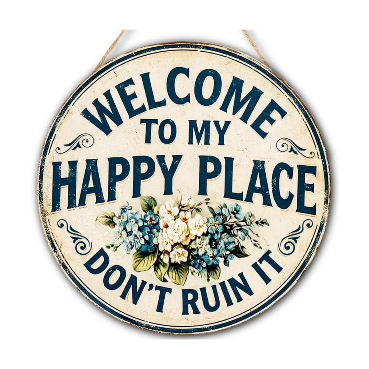 Welcome To My Happy Place Wooden Hanging Sign for House Front Door, Rustic Welcome Sign for Porch Garden Patio Farmhouse