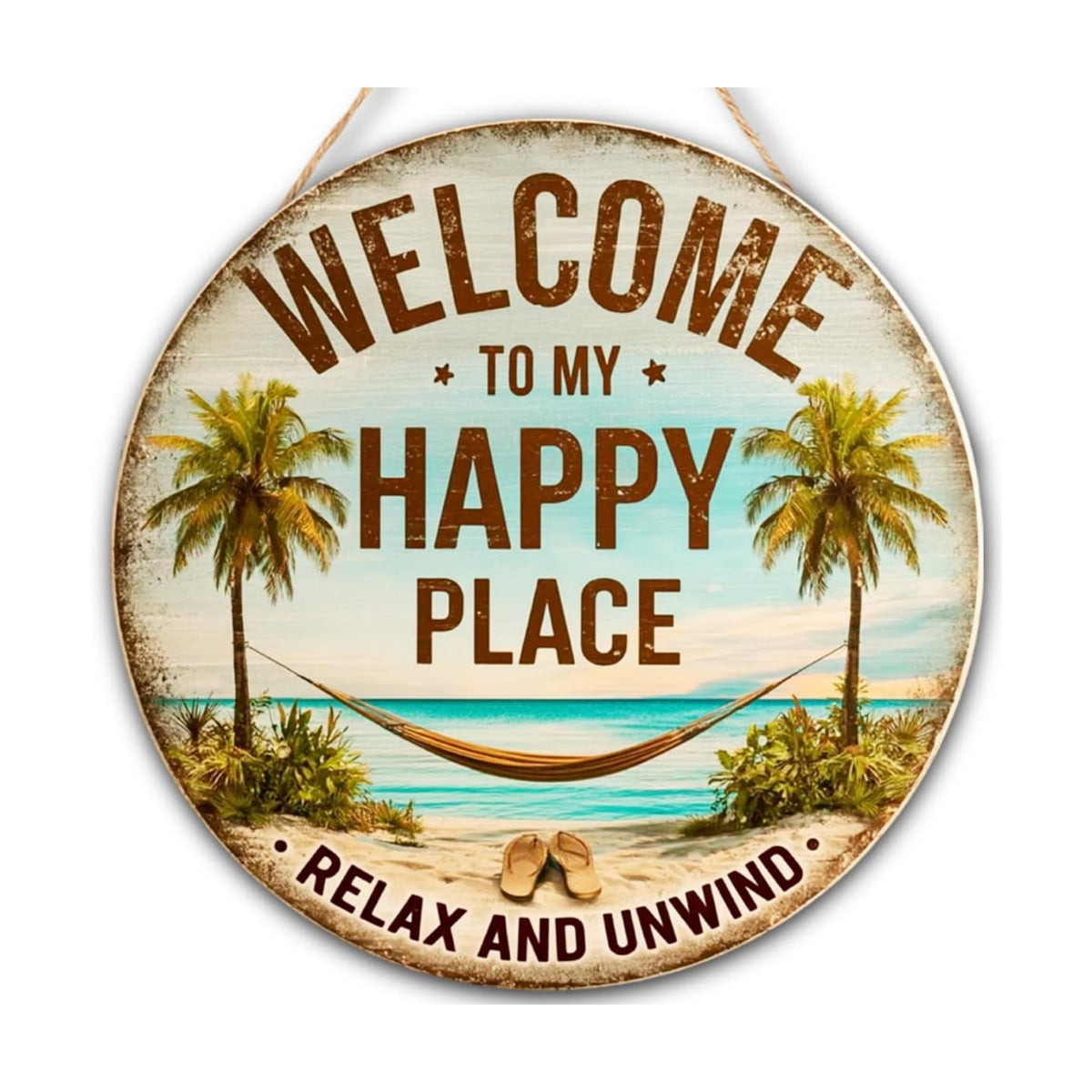 Welcome To My Happy Place Wooden Hanging Sign for House Front Door, Lake Beach House Welcome Sign for Porch Garden Patio
