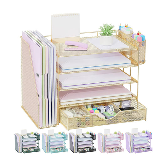 gianotter 5-Tier Desk Organizer with Drawers and File Holders | Letter Trays and Pen Holders - Workspace Accessories
