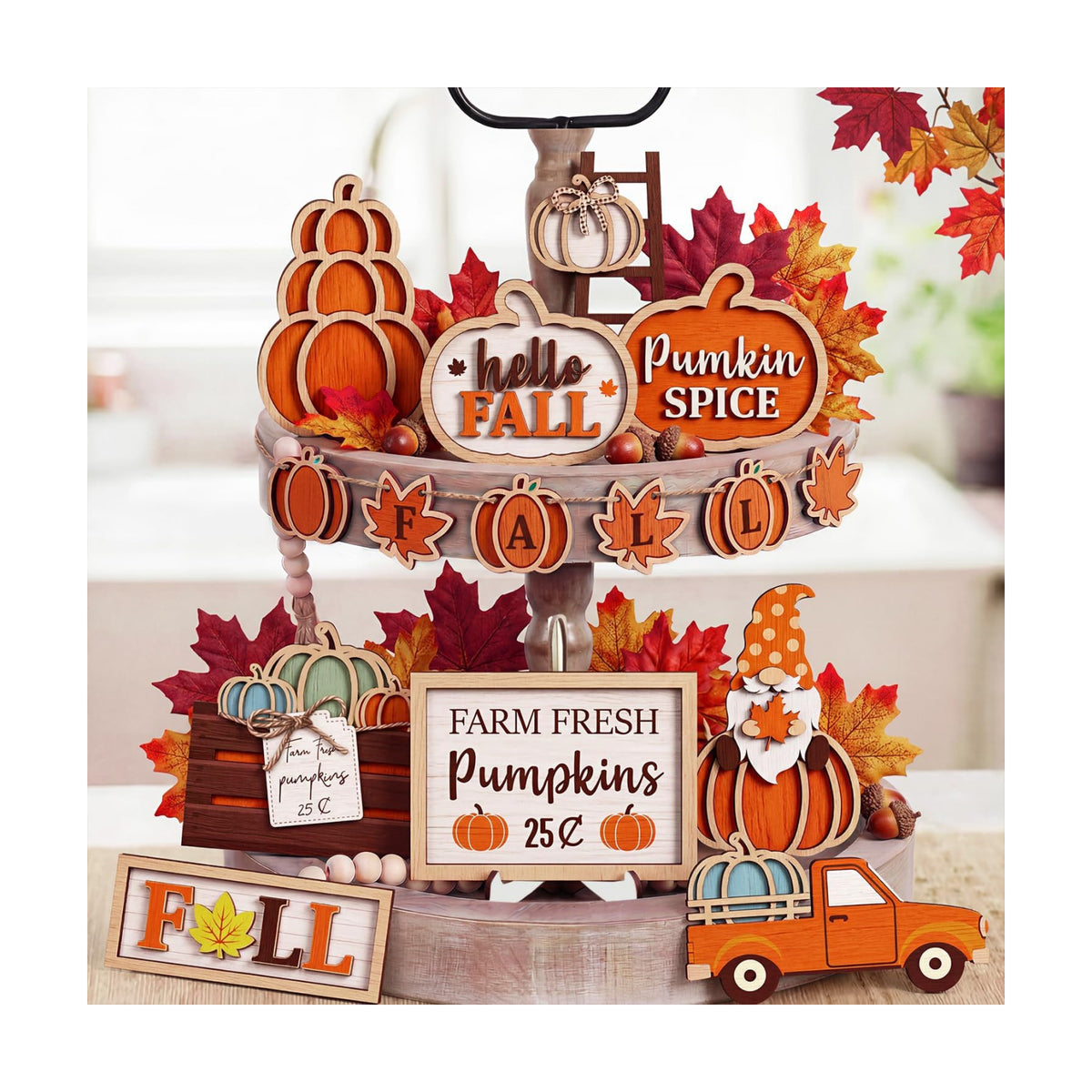 Fall Tiered Tray Decor, 18Pcs Wooden Autumn Pumpkin Table Decorations Set