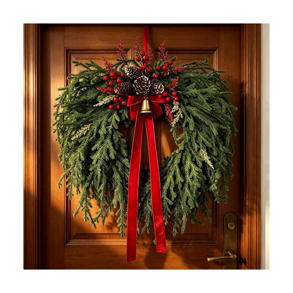 Christmas Wreath for Front Door - Artificial Cedar Winter Wreath with Red Velvet Bow, Golden Bell, Pinecones & Red Berries, Farmhouse Holiday Wreath for Indoor Outdoor Christmas Decorations