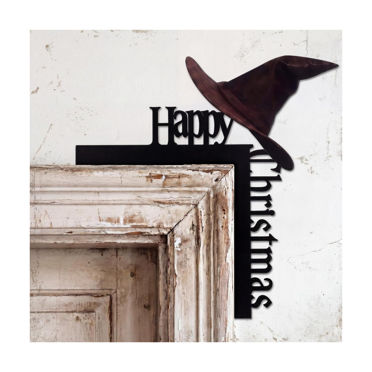 Yaocom 11.8" x 11.8" Metal Happy Christmas Door Topper, Goth Witch Hat Sign