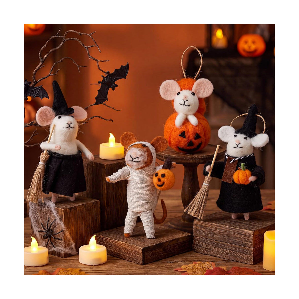 Hahafelt 4 Pcs Halloween Felt Mouse Ornaments Set Wool Handmade Mice