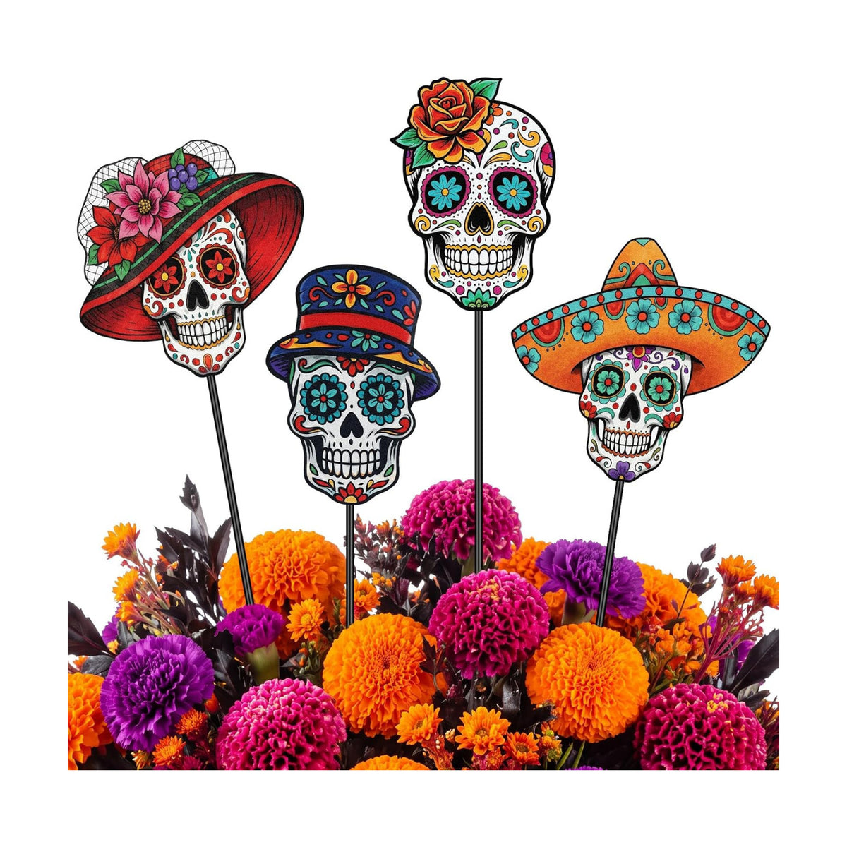 Chunful 4 Pcs Day of The Dead Decorative Garden Stake Sugar Skull Halloween