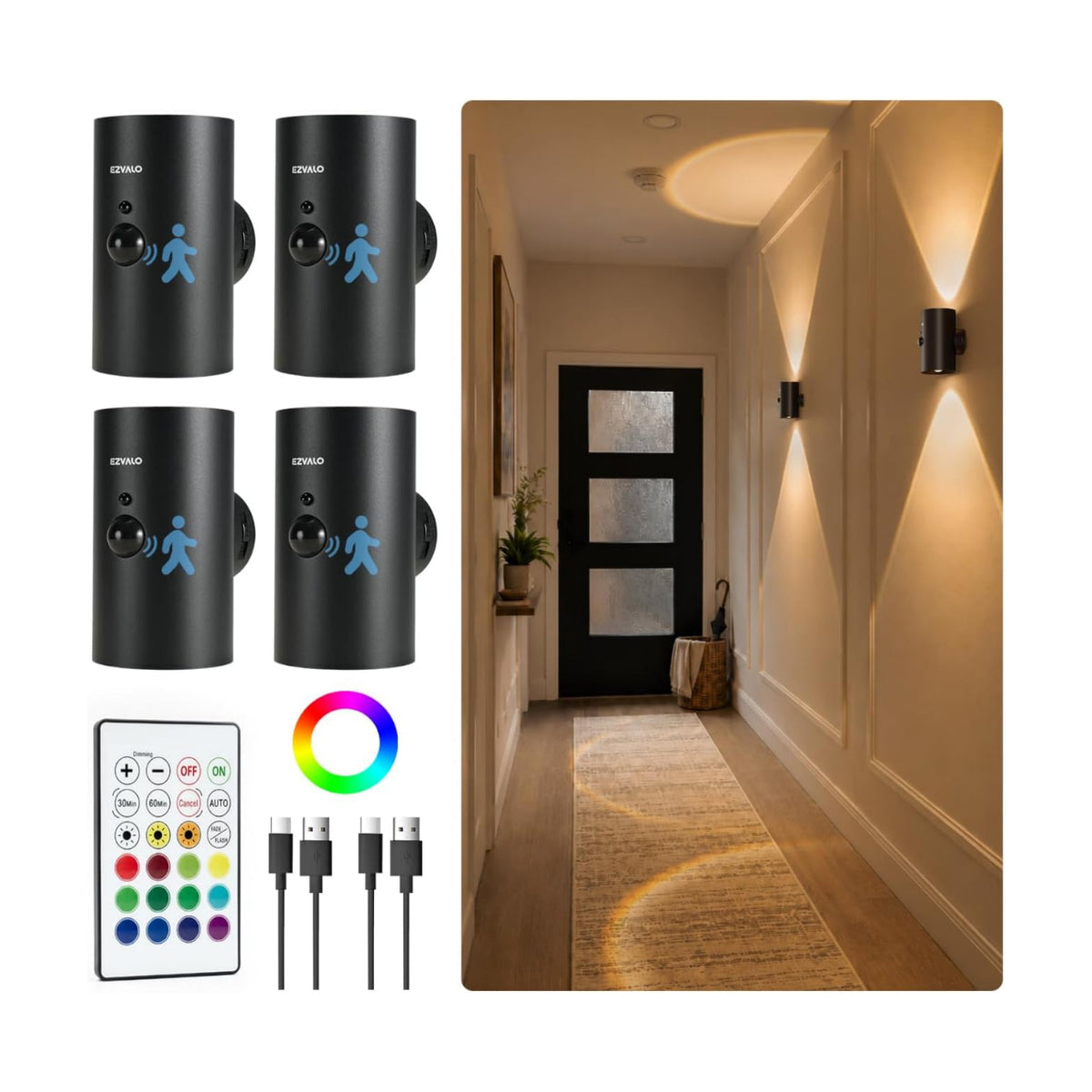 EZVALO Motion Sensor Wall Lights, Rechargeable Wall Sconce Battery Operated with Remote, 3 Color Temps & 12 RGB