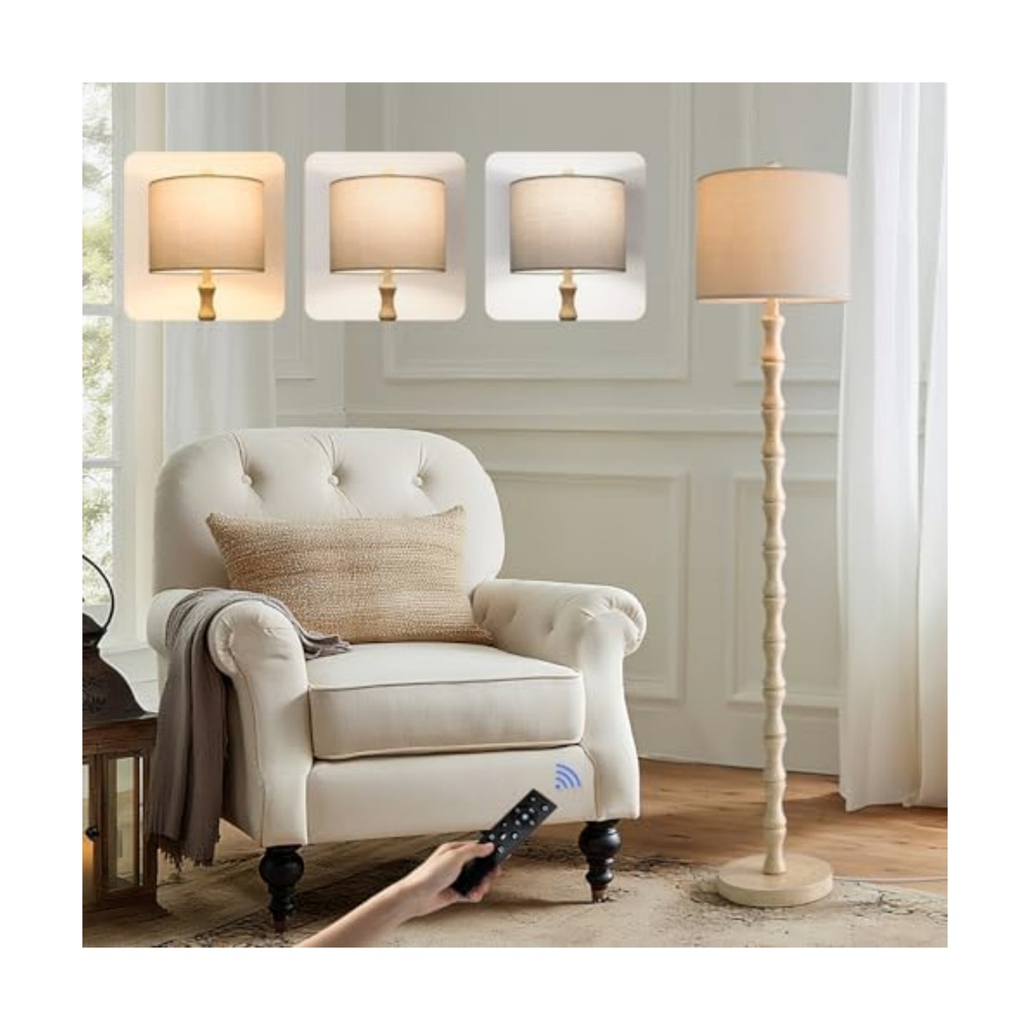 BOBOMOMO 62" Rustic Farmhouse Floor Lamp Antique White with Remote & Dimmable 9W Bulb, 3 Color Temperatures Resin