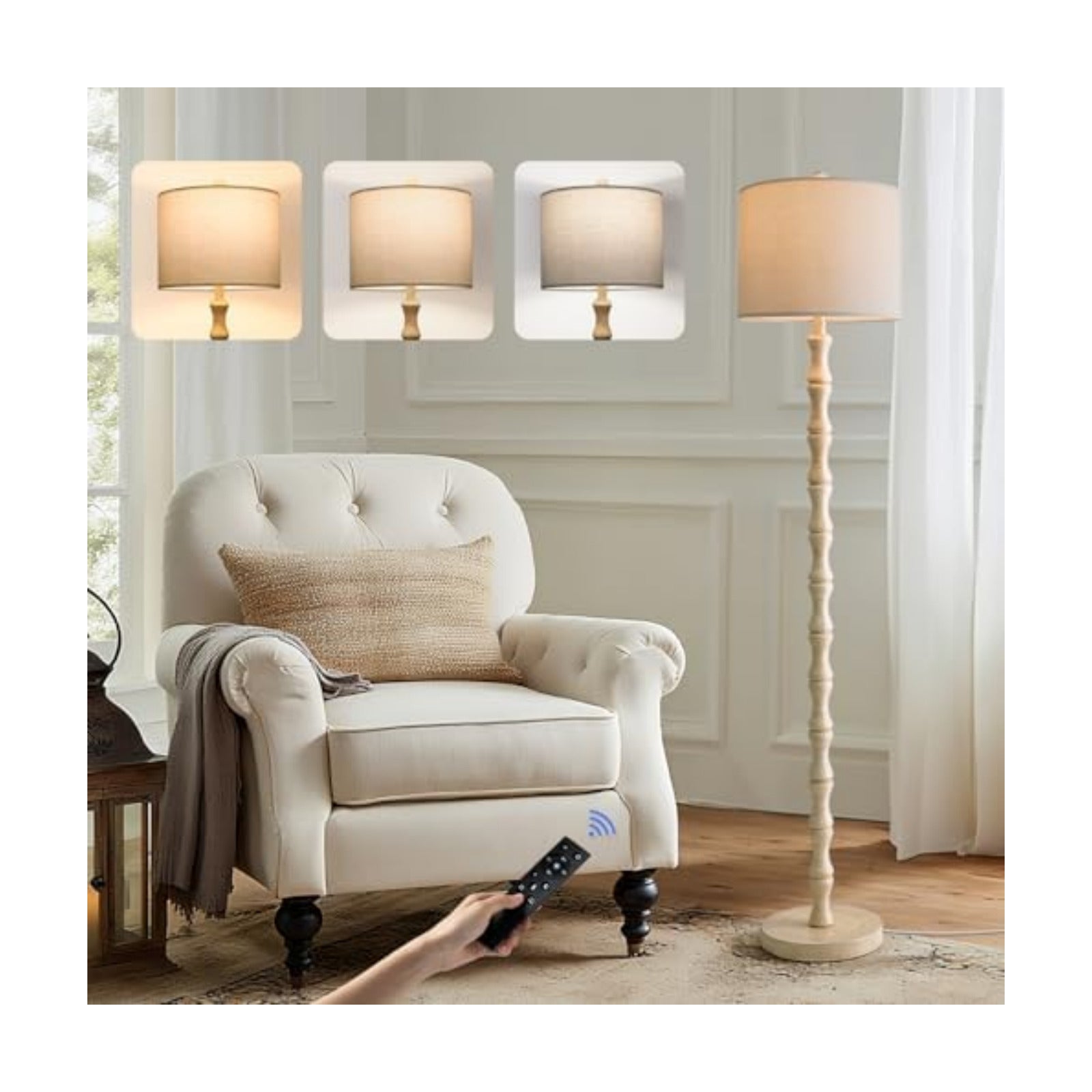 BOBOMOMO 62" Rustic Farmhouse Floor Lamp Antique White with Remote & Dimmable 9W Bulb, 3 Color Temperatures Resin