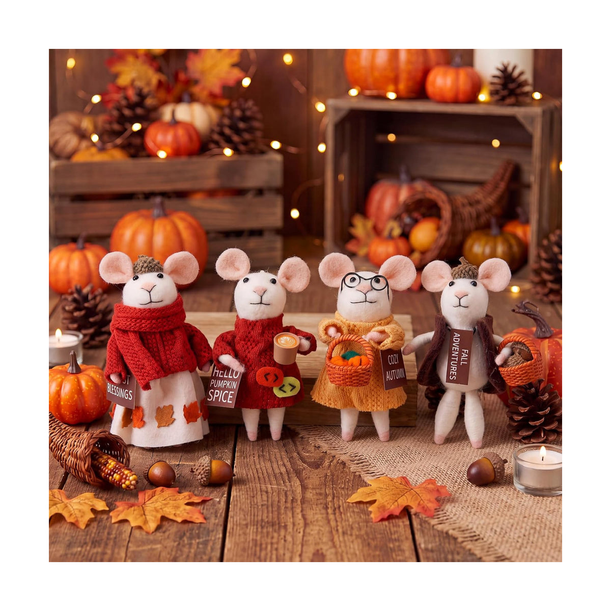 Hahafelt 4 Pcs Fall Felt Mice Ornaments Set Autumn Handmade Wool Mouse