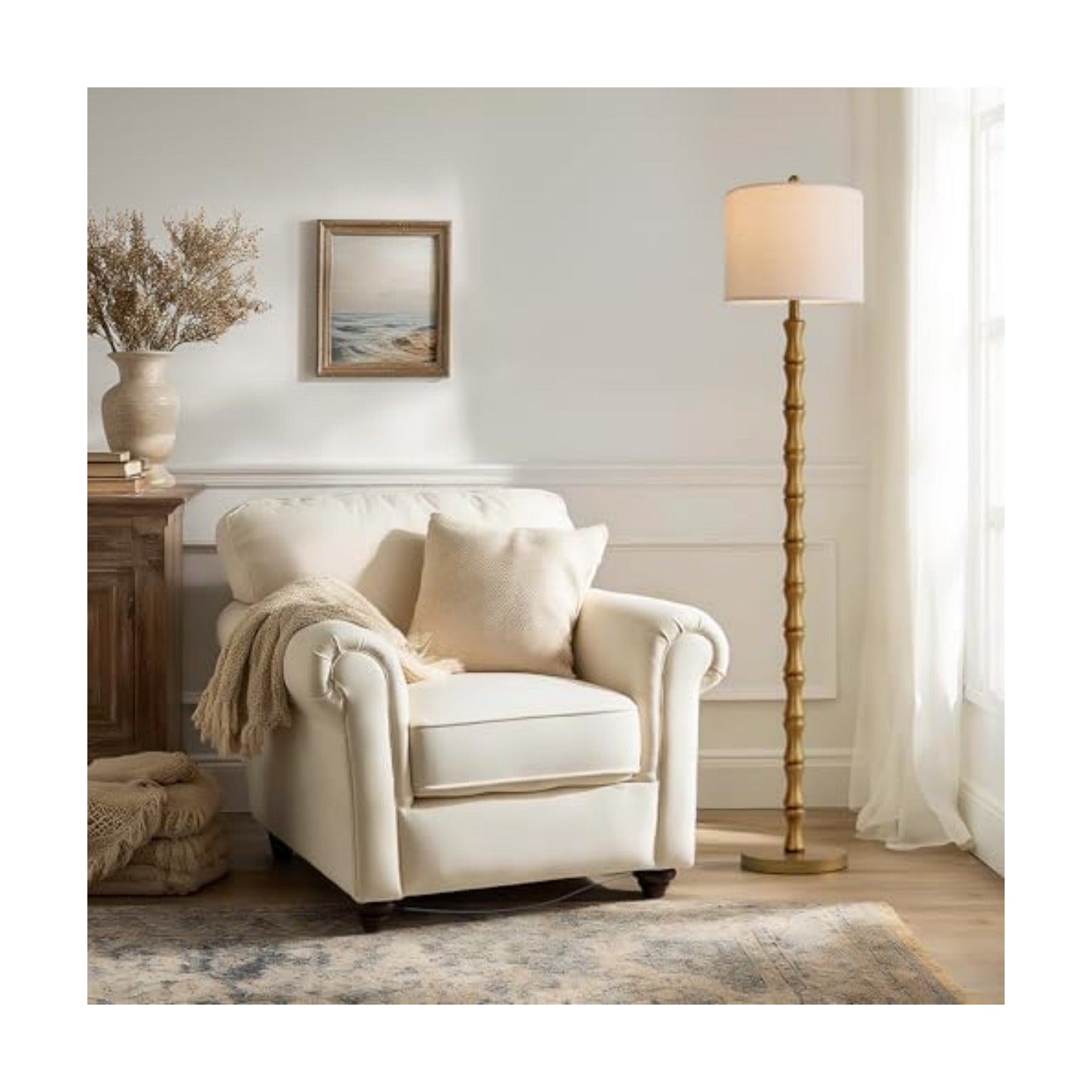 BOBOMOMO 62" Rustic Floor Lamp, Retro Farmhouse Standing Lamp with Rotary Switch, Resin Antique Gold Floor Lamp for