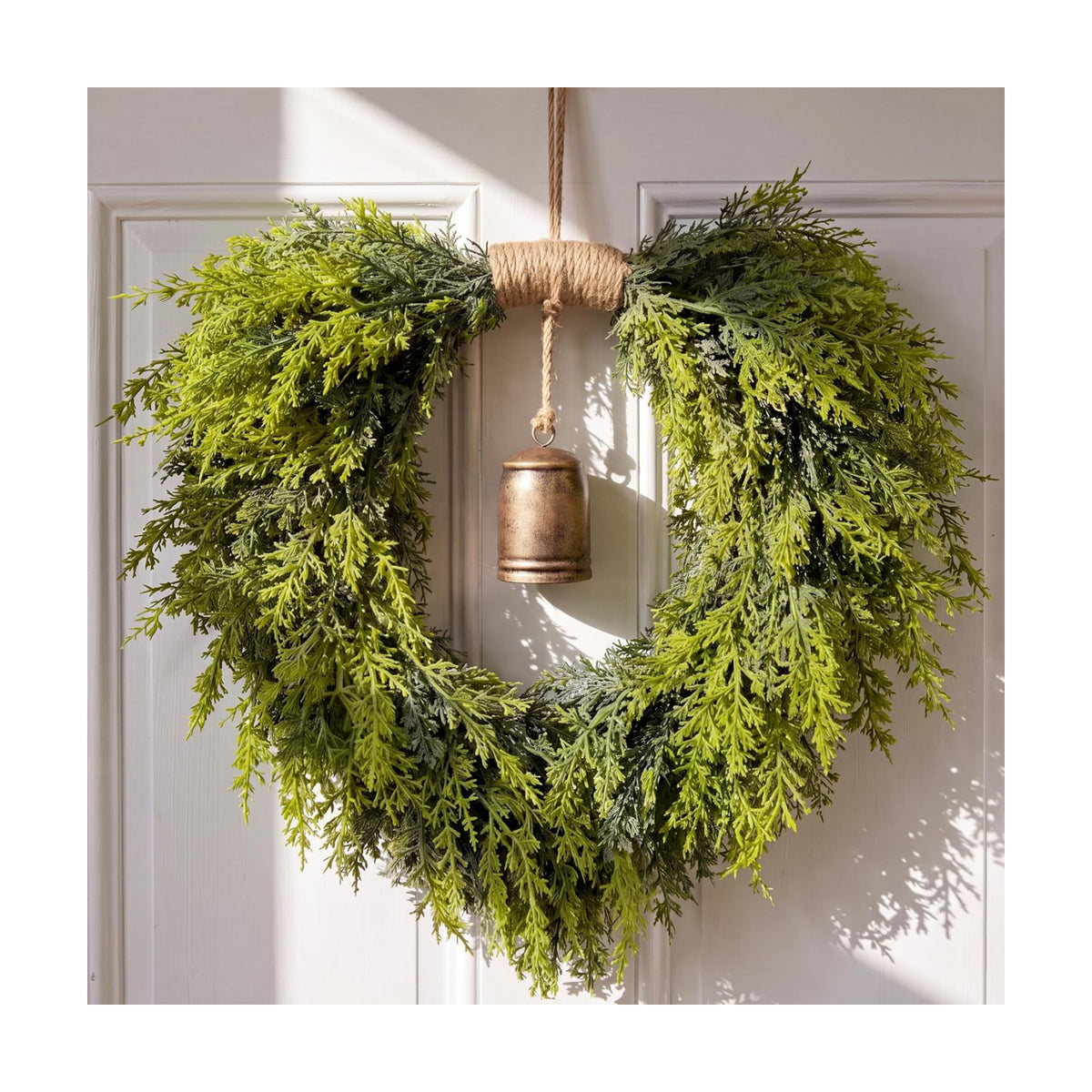 Suncalla Christmas Norfolk Pine Wreath for Front Door with Rustic Bell